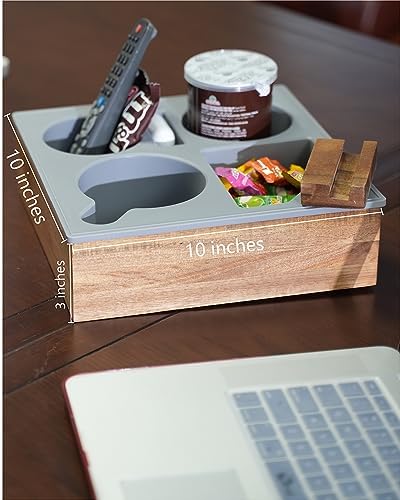 Couch Cup Holder Tray, Handy Soft Silicone Acacia Wooden Couch Caddy for Bed Car Seat Beach Organizer, Waterproof Anti-spill Sofa Cup Holder for Snacks Beverage Remote (Yellow) - Image 5