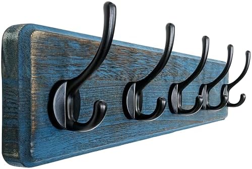 Dseap Coat Rack Wall: Patented, Heavy-Duty, 5-Double-Hooks Wooden Wall Mounted Coat Rack Coat Hanger Hook Rail for Winter Coats Hat Jacket Clothing, Weathered Blue by Dseap