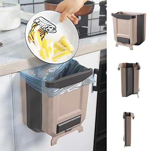 Hanging Kitchen Trash Can, Foldable Waste Bin for Kitchen, Collapsible Hang Small Plastic Garbage Can 2.4 Gallon for Cabinet/Car/Bedroom/Bathroom (Brown) by WDPUCHU