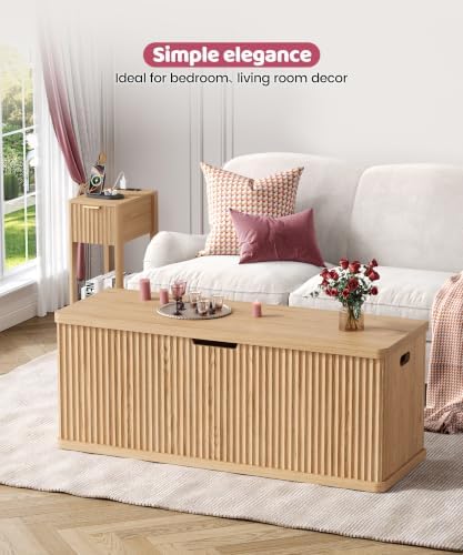 Akxomel 45.3" Fluted Storage Chest Wooden Storage Trunk 2 Safety Hinges Oak - Image 4