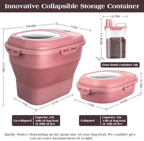TIOVERY Dog Food Storage Container, Airtight Collapsible 13lb to 30lb Pet Food Container with Flip Top, Rolling Wheel, Scoop and a small container for Dog Cat Food and Dry Food of Rice, Flour - Image 2