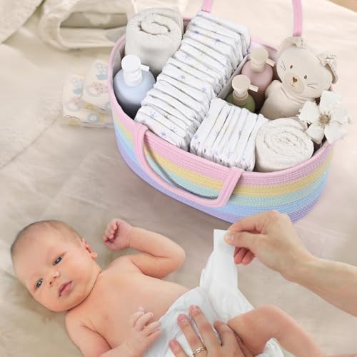 19L Baby Diaper Caddy Organizer, 16.8"x9.8"x9" Cotton Rope Diaper Basket, Changing Table Storage Caddy With Removable Divider, Baby Basket for Nursery, Car, Diapers, Baby Shower Gifts for Newborn - Image 3