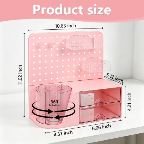 Desk Organizer with 360° Rotating Pen Holder, 5 Slots, 2 Drawers & Pegboard for Office School Art Supplies (Pink) - Image 2