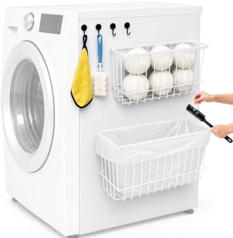 Magnetic Holder for Wool Dryer Balls & Lint Bin (2-Pack, White) – Extra Long 14.2" & 10.4" Metal Laundry Trash Can – Washer Side Organizer with 4 Magnetic Hooks (Balls Not Included) by Unknown