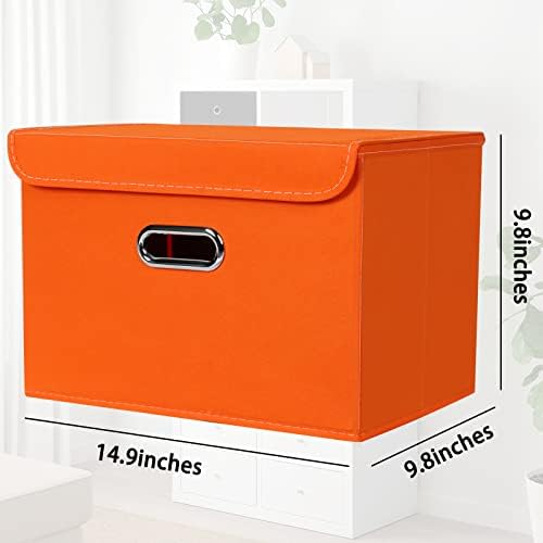STOREONE Fabric Storage Cube Bins Foldable Organizer Container Collapsible Basket with Lids and Metal Handles, for Home, Bedroom, Closet 3 Pcs (Orange) - Image 2