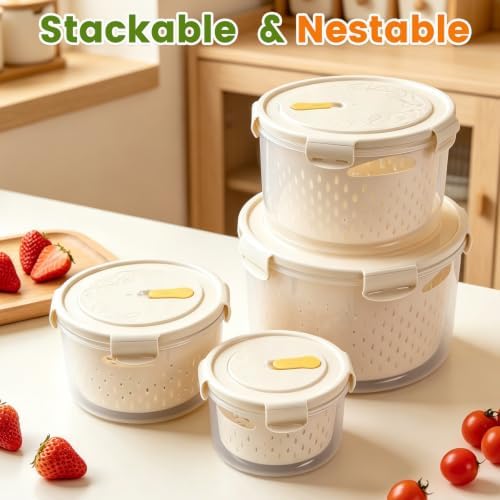 8 Pieces Airtight Fruit Storage Containers for Fridge with Air Circulation Vent, 4 Pack Round Produce Saver with Colander for Berry Lettuce Salad Vegetable Storage, Refrigerator Organizers -White - Image 6