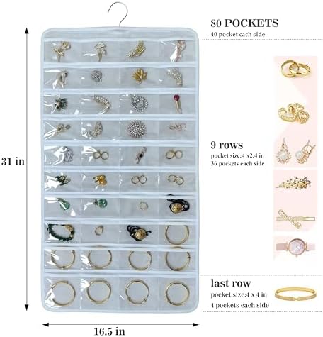 80 Pocket Hanging Jewelry Organizer with Hanger Metal Hooks Storage On Wall Door Closet Double-Sided(Each Side 40 Pockets) Jewelry Holder for Earrings, Necklaces, Rings (White+White) - Image 2