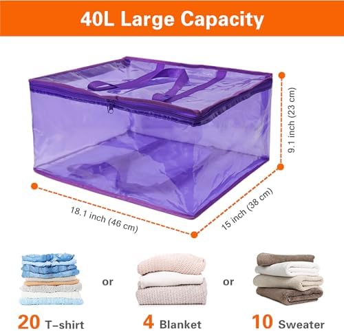 Vieshful Purple 40L Clear Clothes Storage Bag Colorful Clothes Organizer with Zipper Vinyl Storage Bag for Comforter, Blanket, Bedding, Duvet, Transparent Moving Totes 3 Pack - Image 2