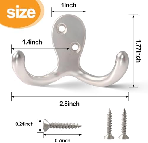 20 Pack Coat Hooks Wall Hooks for Hanging, Heavy Duty Double Prong Metal Hook Wall Mounted for Living Room, Bathroom, Kitchen, Bedroom for Coat, Bag, Scarf, Towel, Hat, Key, Cup (Silver) - Image 6