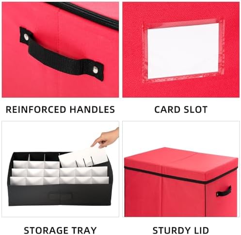 JY COOKMENT Christmas Ornament Storage Box with Adjustable Dividers, Large Holiday Ornaments Storage Container Bin with Lid for Xmas Decorations (72-3" Balls, Red, With Removable Tray) - Image 3