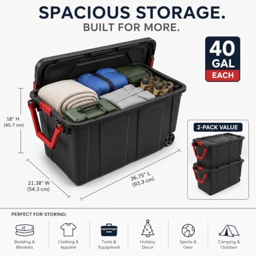 40 Gal Wheeled Storage Bin with Latching Lid 2-Pack,Black - Image 2