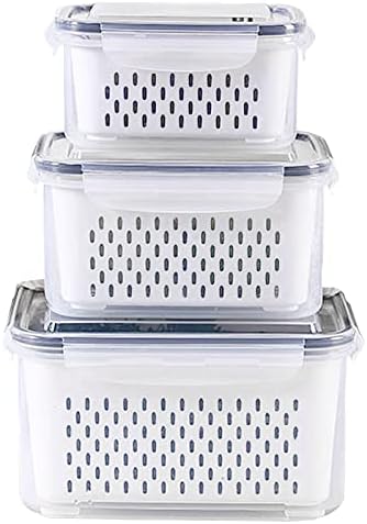 3Pack Fridge Food Storage Container Set with Lids with Strainer,Plastic Fresh Produce Saver Vegetable Fruit Meat Storage Organization, BPA-Free Plastic Produce Keepers(3.15L+1.7L+0.8L) by Ronanemon