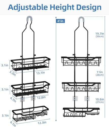 Adjustable Shower Caddy Hanging, Extended Length Organizer Over Shower Head, 3 Tier Long Neck Shower Rack with Soap Holder for Large Storage, Black - Image 2