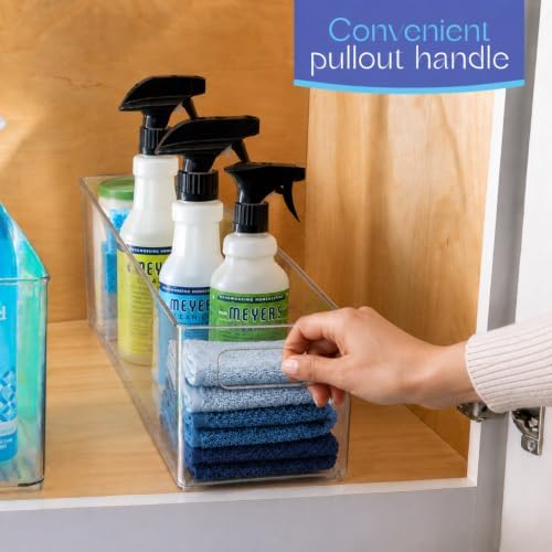 Plastic Food Storage 4 Pack Clear Container Bin with Handles for Organizing Kitchen, Pantry, Refrigerator, Freezer, Pantry, Cabinet, Closet, Bathroom. 12”x4”x5” - Image 2