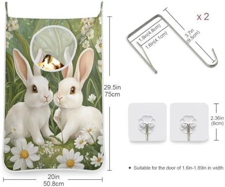 Green Easter Bunny Daisy Door Hanging Laundry Hamper Bag with Free Adjustable Stainless Steel Hooks Dirty Clothes Hamper Extra Large Over the Door Laundry Hamper 29.5X20inch 1 PCS - Image 3