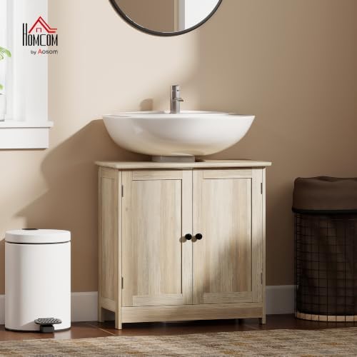 HOMCOM Under Sink Bathroom Cabinet with 2 Doors, Shelf, U-Shape, Oak - Image 2