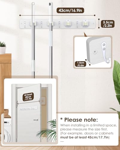 Broom Holder Wall Mounted, 2 Pack White 4 Holders and 4 Hooks Mop Holder, Wooden Mop and Broom Holder with Anti slip rubber, Natural pine wood Brush Holder, Mop Wall Holder with Nail installation - Image 4