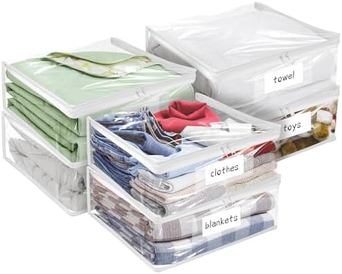 Plastic Storage Bags with Easy-Glide Zipper, Pack of 6, Durable Clear Vinyl Zippered Storage Bags for Clothes Sweaters Comforters Blankets Sheets Bedding (15.7 x 13.8 x 3.9 Inch, Transparent White) by Kikerike