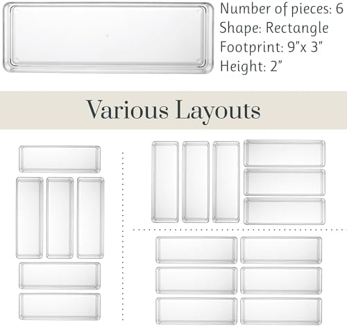 STORi SimpleSort 6-Piece Stackable Clear Drawer Organizer Set | 9" x 3" x 2" Rectangle Trays | Narrow Makeup Vanity Storage Bins and Office Desk Drawer Dividers | Made in USA - Image 5