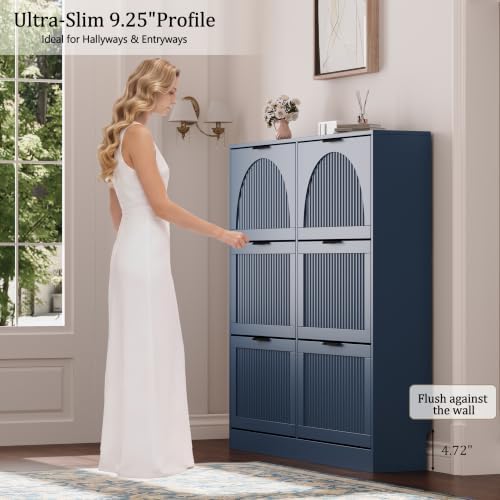 Fluted Shoe Storage Cabinet for Entryway, 6 Flip Drawers, Blue - Image 4