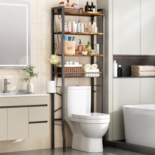 Over-The-Toilet Storage Rack 4-Tier,Bathroom Organizer Shelf Over Toilet,Adjustable Wooden Shelves and Basket,Freestanding Above Toilet Shelf,Space Saver for Rooms(Black Rack-Rustic Brown Shelves) by Axdtvoz