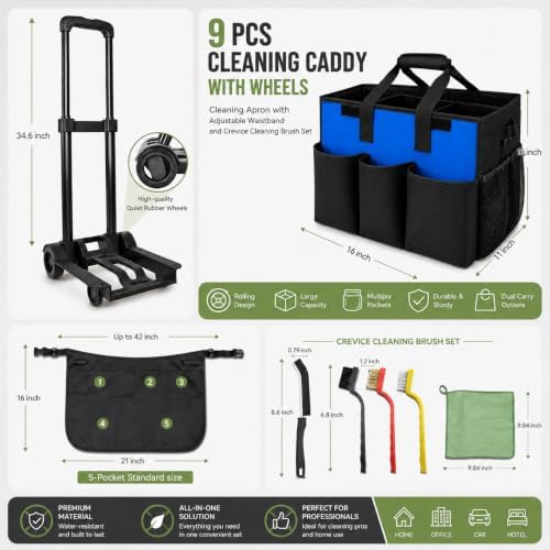 Cleaning Tools Cleaning Caddy with Wheels and Cleaning Apron, Large Rolling Cleaning Caddy Bag with Detachable Trolley, 6PCS Crevice Cleaning Brush Set, Adjustable Shoulder Strap & Multiple Pockets - Image 2
