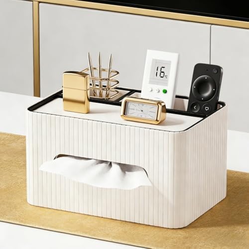 KINGFOM Leather Tissue Box Cover with Storage Tray, Decorative Tissue Box Holder Organizer for Office Desk, Bedroom & Nightstand, Remote Control Holder for Perfume, Watch, Glasses, Pens (Ivory White) - Image 2