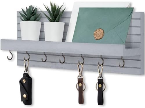 Lwenki Decorative Key Holder for Wall with Shelf, Entryway Shelf with Hooks Holds Leashes, Jackets and Glasses – Sturdy Wood Keyholder Entrance Hanger with Mounting Hardware (Gray, Large) by Lwenki