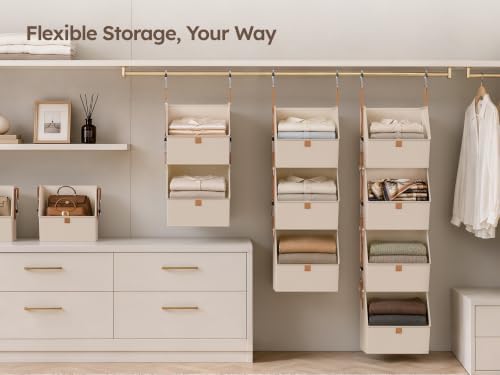 Homsorout Collapsible Hanging Closet Organizer - 3 Tier Closet Shelves Storage System with Hooks, Fabric Hanging Storage Bins for Clothes, Foldable Storage Basket for Laundry, Bedroom, Rv, Beige - Image 2