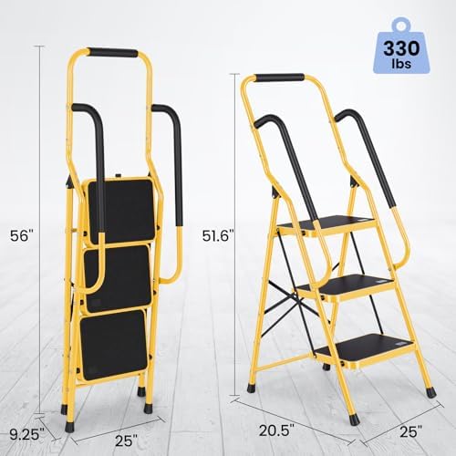 Step Ladder 3 Step Folding with Handrails, Folding Step Stool with Wide Anti-Slip Pedal, Sturdy Steel Portable Ladder, Lightweight Step Stool Foldable for Library Home Garage Office, Yellow - Image 2