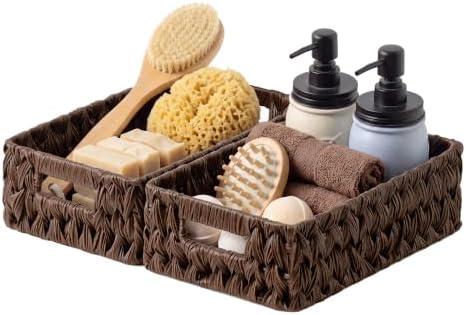 GRANNY SAYS Wicker Baskets with Handles,Small Woven Basket for Storage, Waterproof Storage Basket Organizer,Decorative Storage Boxes for Organing Pantry,Brown Basket,2-Pack,11 1/4''L x 7 1/2''W x 3 1/2''H by GRANNYSAYS
