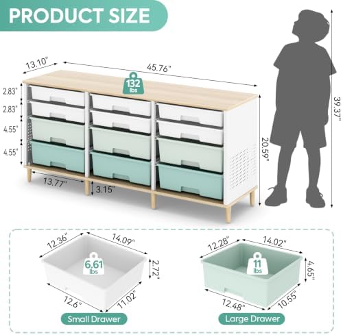 TOOLF 12 Drawers Storage Cabinet with Wooden Top and Plastic Bins,Green - Image 3
