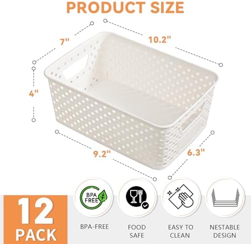 12 Pack Plastic Storage Baskets for Organizing, Storage Baskets for Shelves with Handles, Small Storage Bins with Labels, Classroom Storage Organization for Cabinet,Closet, Office - Image 3