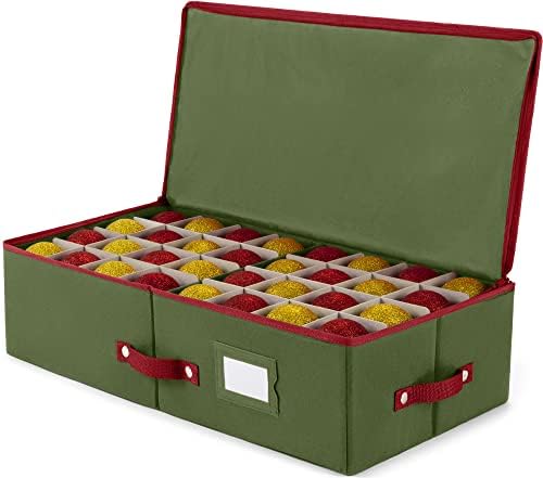 ZOBER Underbed Christmas Ornament Storage Box - Stores 64 3" Ornaments, With Dividers - Tear Proof 600D Oxford Fabric, Ornament Organizer Storage Box, Durable Christmas Containers Holder - Green by ZOBER