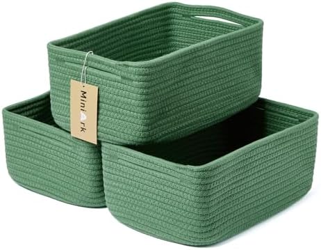 MiniArk Small Storage Baskets for Organizing | Closet Organizer Bins | Shelf Toy Basket | Woven Rope Baskets | Cube Decorative Box | Shallow Basket | 13x8.5x5.1” | 3 Packs Green by MiniArkStorageBasketsHome