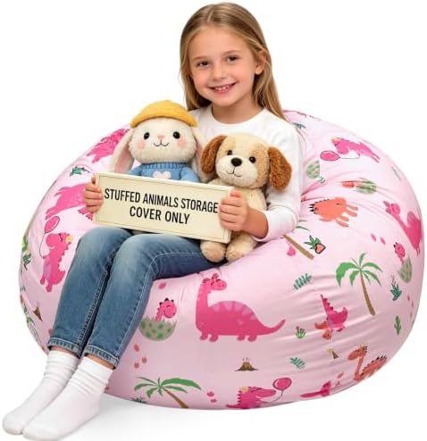 Lukeight Dinosaur Stuffed Animal Storage Bean Bag Chair Cover for Kids, Velvet Plush Toy Organizer Seat, Cover Only, No Filling Included, Long YKK Zipper, Side Pocket, X-Large 30"D x 18"H by Lukeight