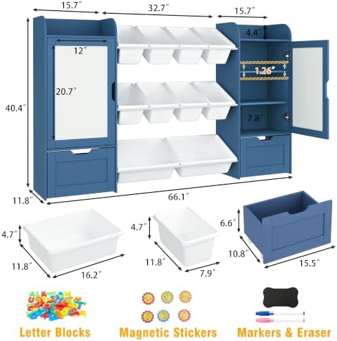 66" W 5-in-1 Kids Bookshelf and Toy Storage with Magnetic Drawing Boards - Image 2