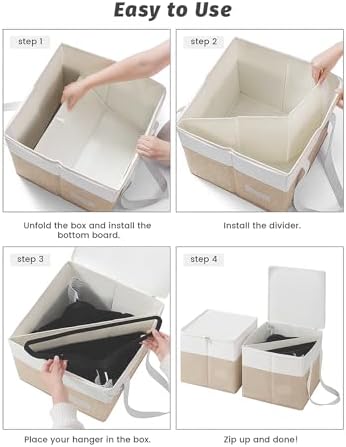 2-Pack Rigid Clothes Hanger Organizer Bag with Dust-Proof Lid, Hanger Storage Holder with Support Boards, Large Capacity Clothes Storage Containers with Handle for Laundry-Beige/Linen - Image 4