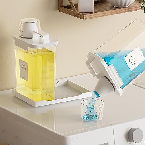 61OZ Laundry Detergent Dispenser Container, 2 Pack Liquid Laundry Dispenser, Plastic Detergent Dispensers for Laundry Powder/Fabric Softener with Tray 6 Labels, Clear - Image 3