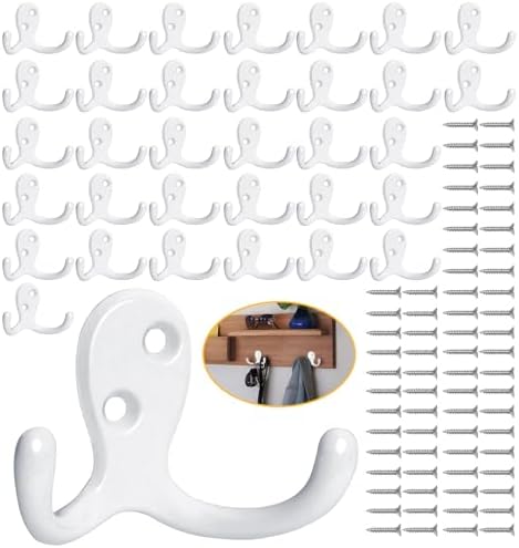 Homanu 34 Pack White Coat Hooks Wall Mounted Double Prong with 68 Screws by Homanu