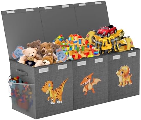 Extra Large Toy Box Chest, Collapsible Sturdy Toy Storage Organizer Boxes Bins Baskets Dinosaur Kids Toy Chest Bin with Lids for Boys Girls Living Room Playroom Bedroom Nursery 41"x14"x16" Gray by SAKAKI