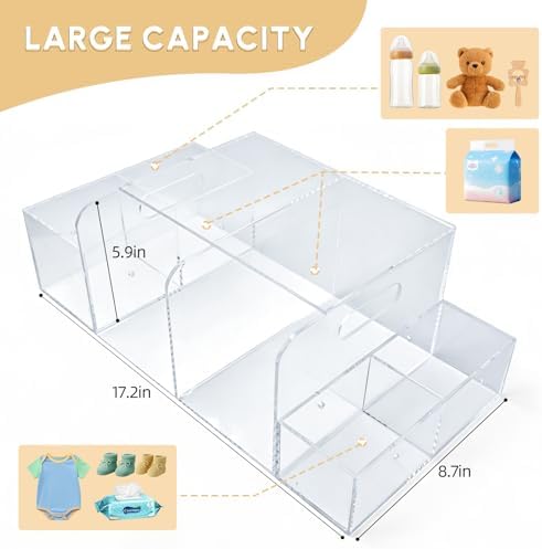 Diaper Caddy Acrylic, Baby Changing Table Organizer, Dresser Tabletop Organizer with 4 Detachable Compartments, Storage for Wipe Dispenser, Anti-slip Rubber Feet, Newborn Baby Essentials, Transparent - Image 5