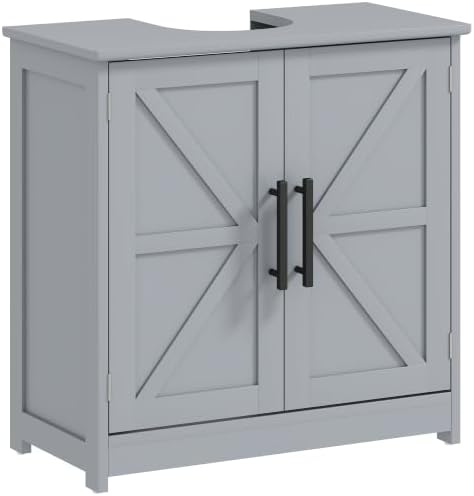 HOMCOM Pedestal Sink Storage Cabinet, 2 Barn Doors, Dark Gray by HOMCOM