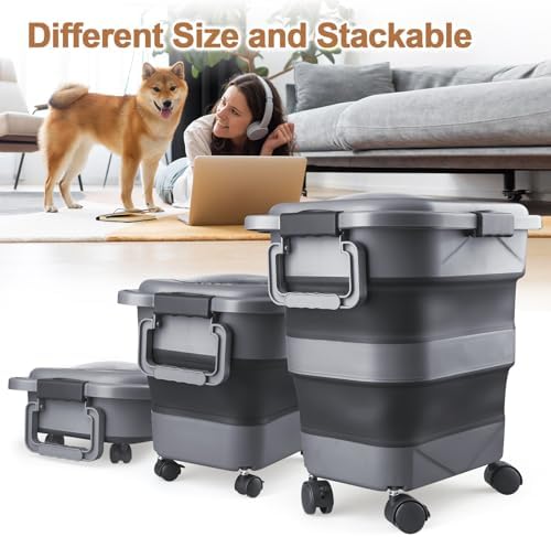 Dog Food Storage Container，23-25 lbs Airtight Collapsible Cat Food Storage Container with Attachable Wheels, Portable Handle, Dog Food Scoop for Dog Cat Bird Pet Dry Food Storage Bin Dark Grey - Image 5