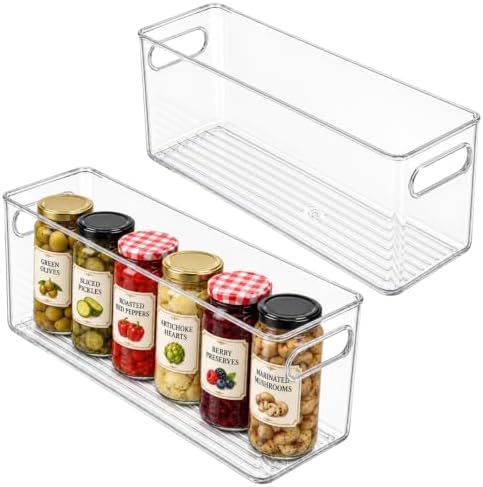 Plastic Food Storage 2 Pack Clear Container Bin with Handles for Organizing Kitchen, Pantry, Refrigerator, Freezer, Pantry, Cabinet, Closet, Bathroom. 12”x4”x5” by primebox