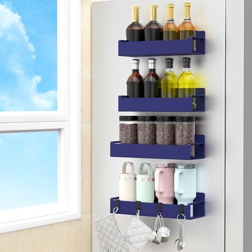 HuggieGems 4 Pack Dark Blue Magnetic Spice Rack Organizer for Refrigerator by HuggieGems