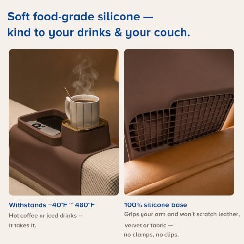 Couch Cup Holder Tray, Elimiko Silicone Anti-Spill and Anti-Slip Couch Drink Holder, Strong and Weighted Phone/Remote/Snacks Sofa Cup Holder (Brown) - Image 6