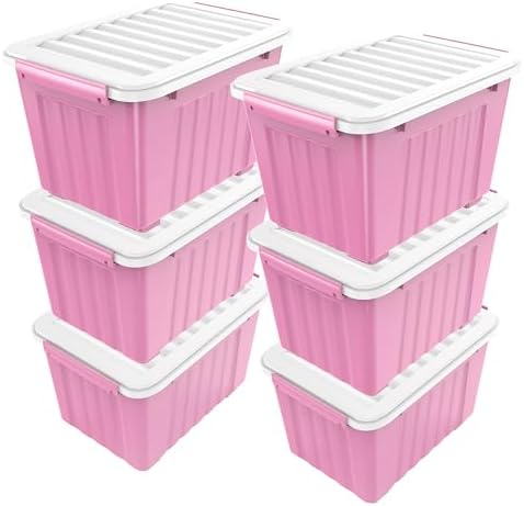 Nazhura Plastic Storage Bin, Stackable and Nestable Storage Boxes with White Lids and Secure Latching Buckles, Large Storage Container (Pink/White, 72Quart-6Pack) by NazhuraGoodCompanionAtHome