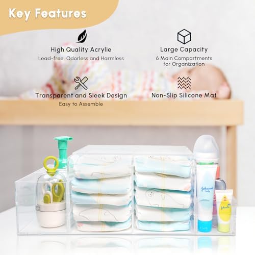 Diaper Caddy Acrylic, Baby Changing Table Organizer, Dresser Tabletop Organizer with 4 Detachable Compartments, Storage for Wipe Dispenser, Anti-slip Rubber Feet, Newborn Baby Essentials, Transparent - Image 4