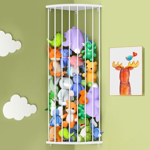 Corner Stuffed Animal Storage Shelf Sleek White - Adjustable Height (44"-71") | Durable Hanging Stuffed Animal Toy Plush Organizer for Modern Nursery, Kids' Bedroom & Playroom by BHFOW